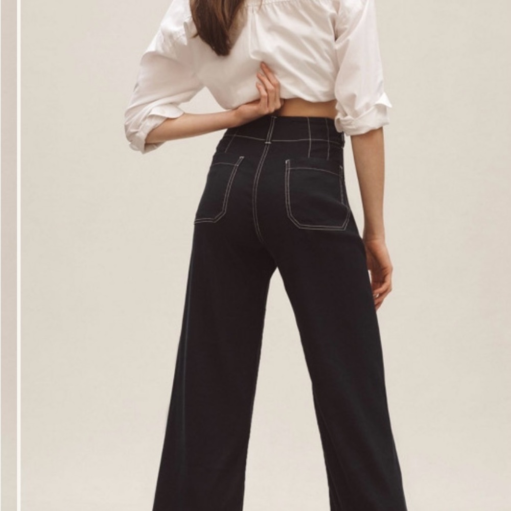 Anthropologie x Maeve The Colette Contrast-Stitch Linen Crop Wide-Leg Pants - Picture 2 of 10
